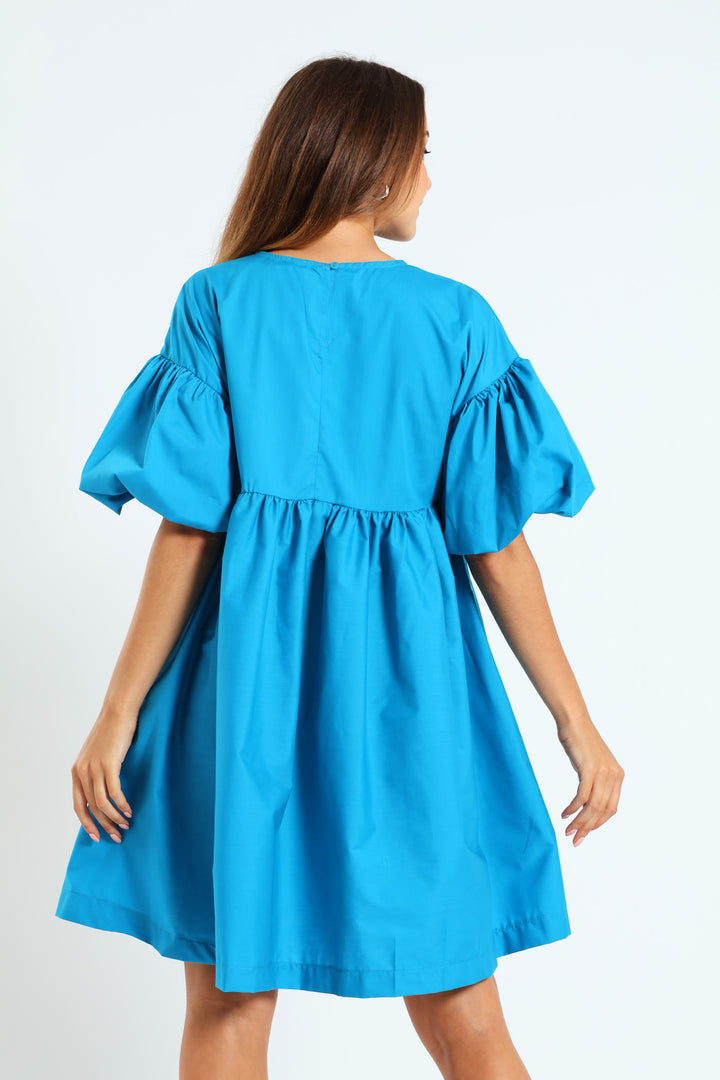 Volume Sleeve Poplin Mini Dress - Peacock Blue