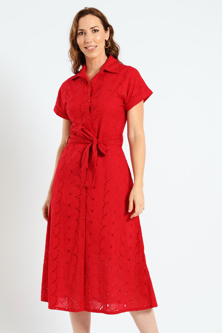 Self Belted Anglaise Midi Shirt Dress - Red