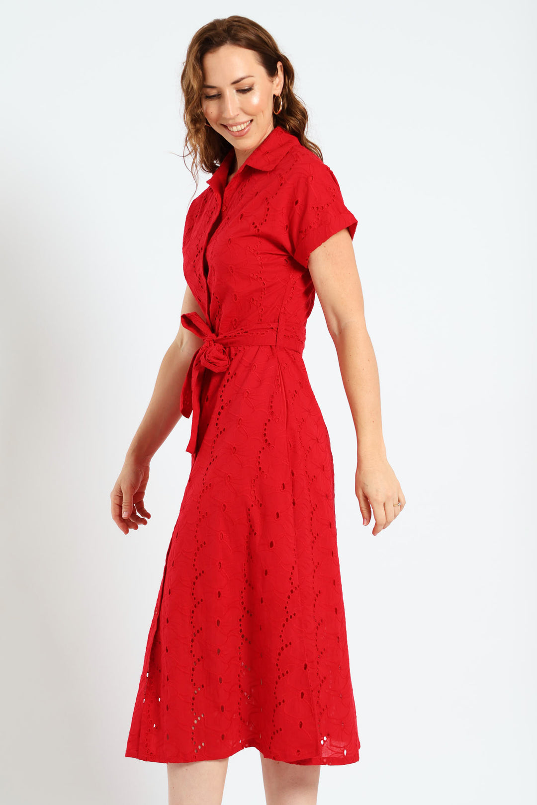 Self Belted Anglaise Midi Shirt Dress - Red