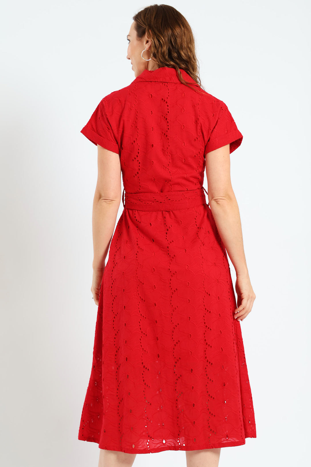 Self Belted Anglaise Midi Shirt Dress - Red