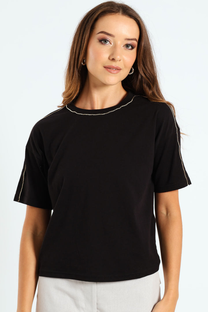 Diamante Strip Boxy Tee - Black