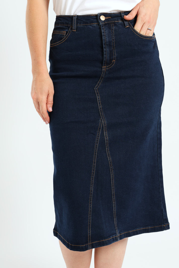 Front Panel Midi Denim Pencil Skirt - Indigo