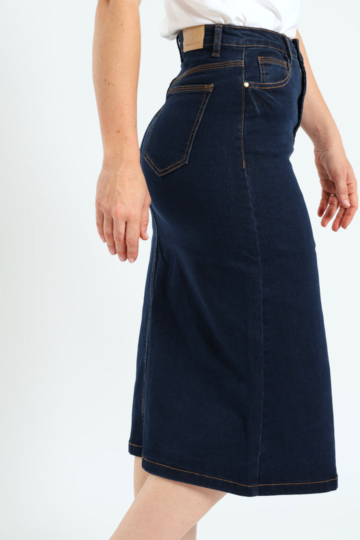 Front Panel Midi Denim Pencil Skirt - Indigo