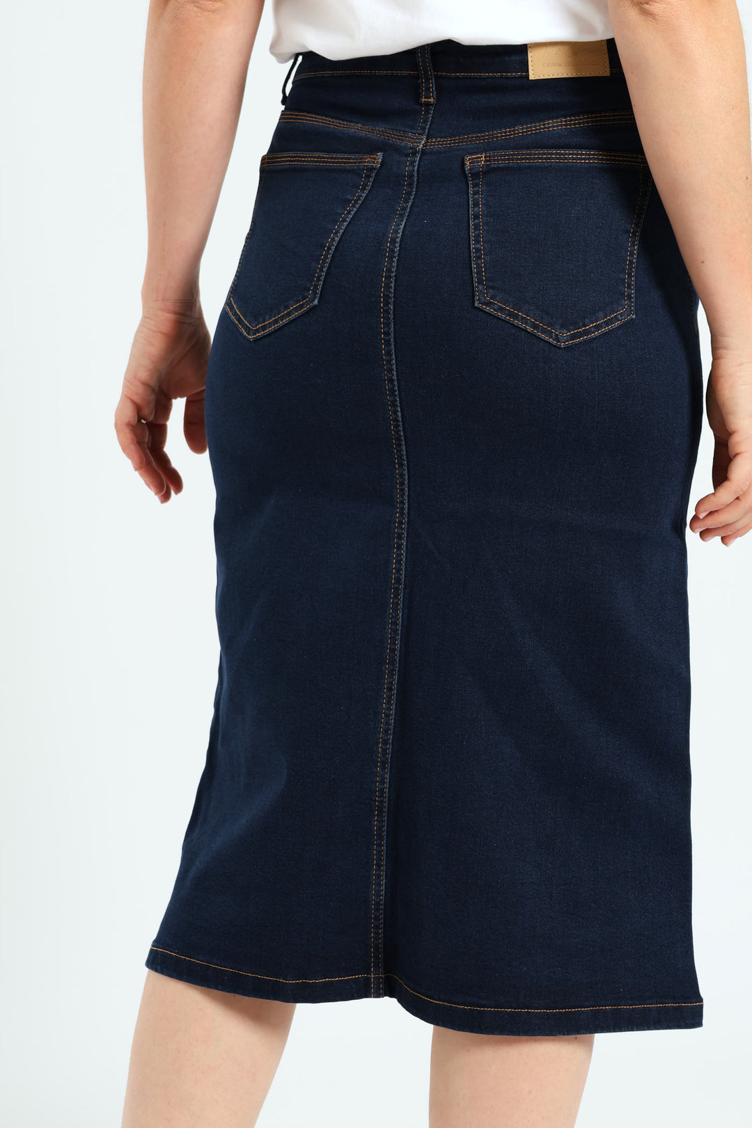 Front Panel Midi Denim Pencil Skirt - Indigo