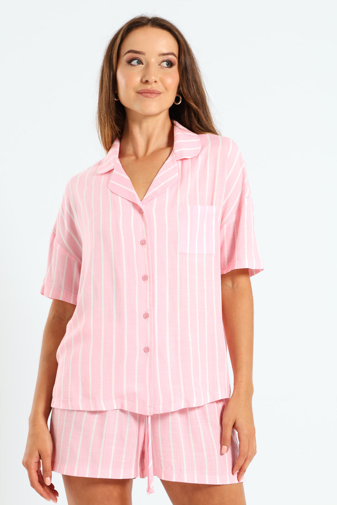 Linen Stripe Button Through Short Sleep Set - White/Pink