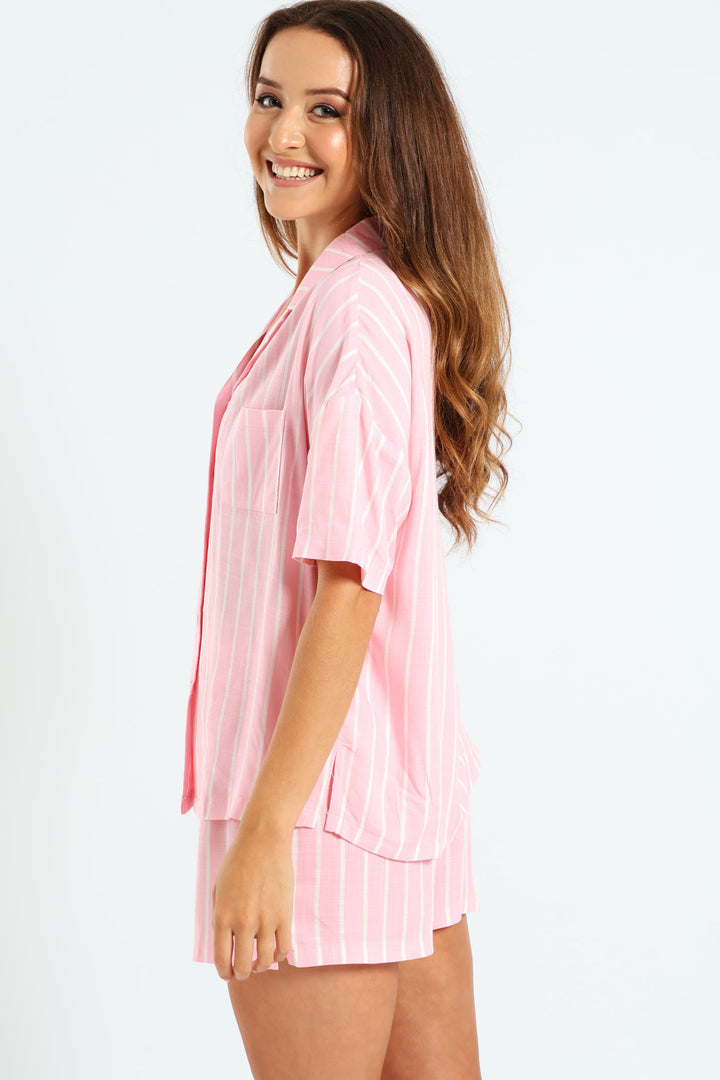 Linen Stripe Button Through Short Sleep Set - White/Pink