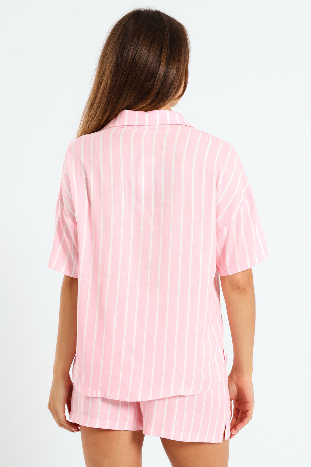 Linen Stripe Button Through Short Sleep Set - White/Pink