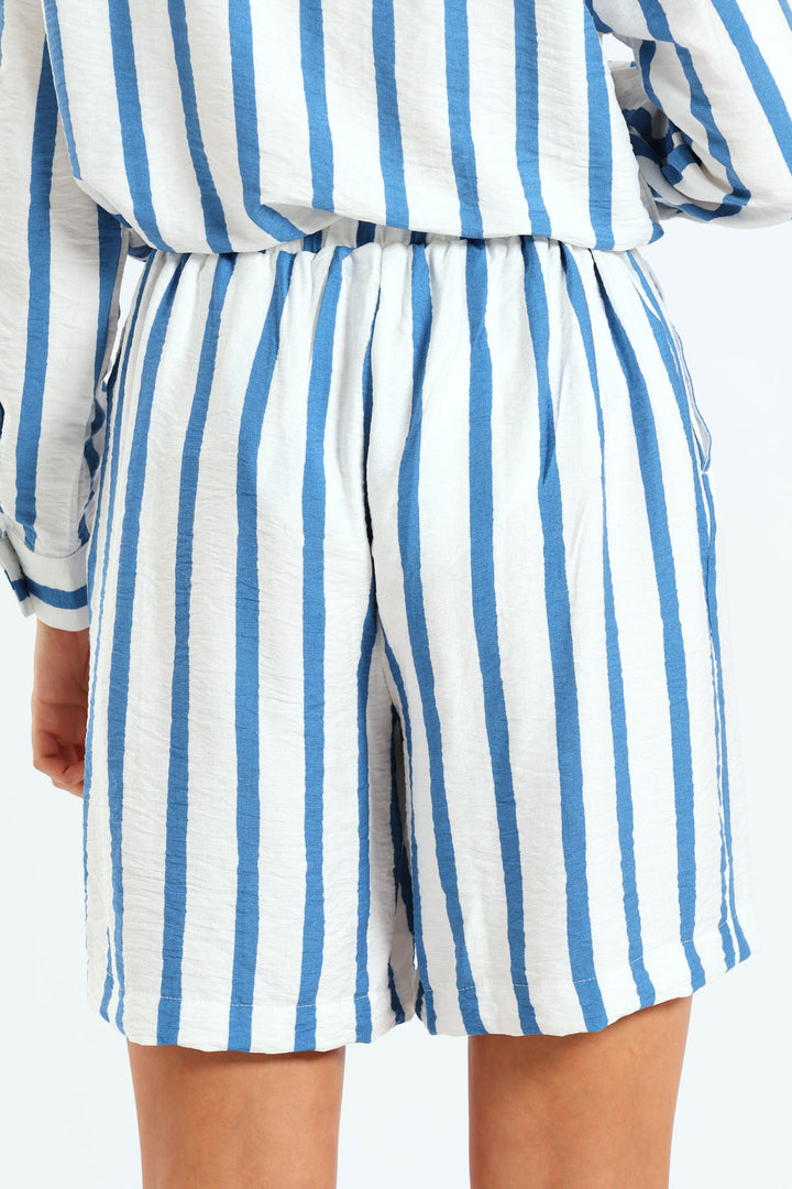 Wavy Stripe Mid Thigh Pull On Short - White/Blue