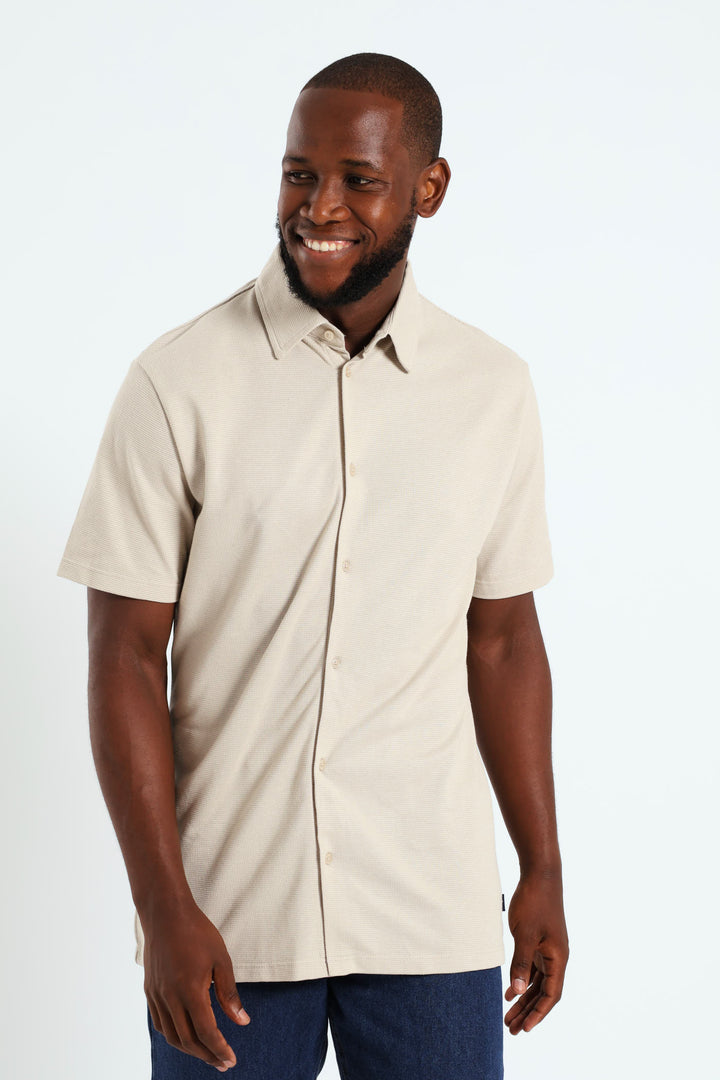 Button Through Mini Waffle Shirt - Camel