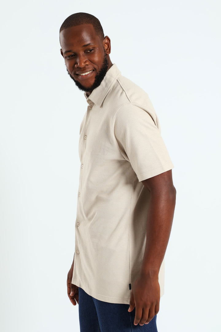 Button Through Mini Waffle Shirt - Camel