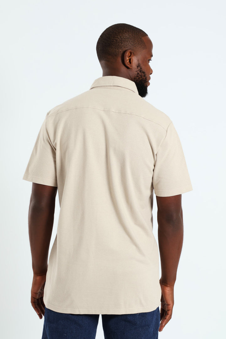 Button Through Mini Waffle Shirt - Camel