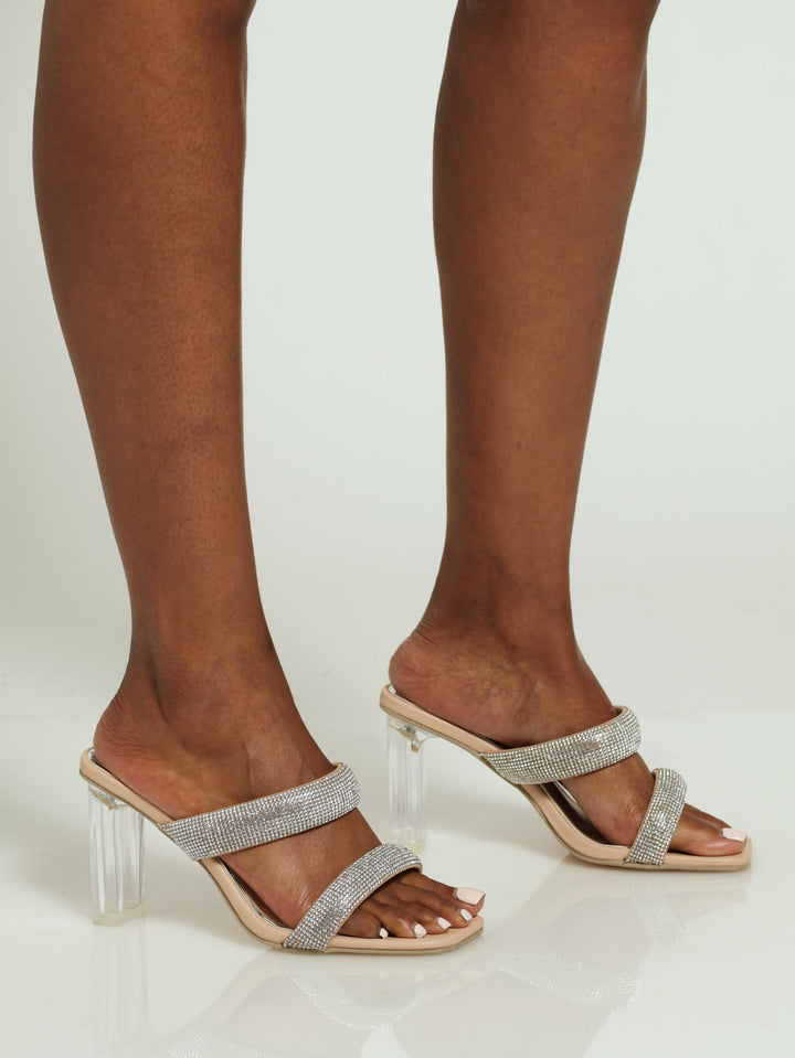 Wide Diamante Double Strap Perspex Mule Wheel - Nude