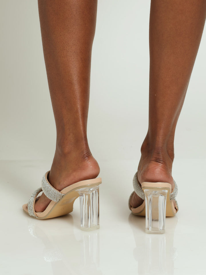 Wide Diamante Double Strap Perspex Mule Wheel - Nude