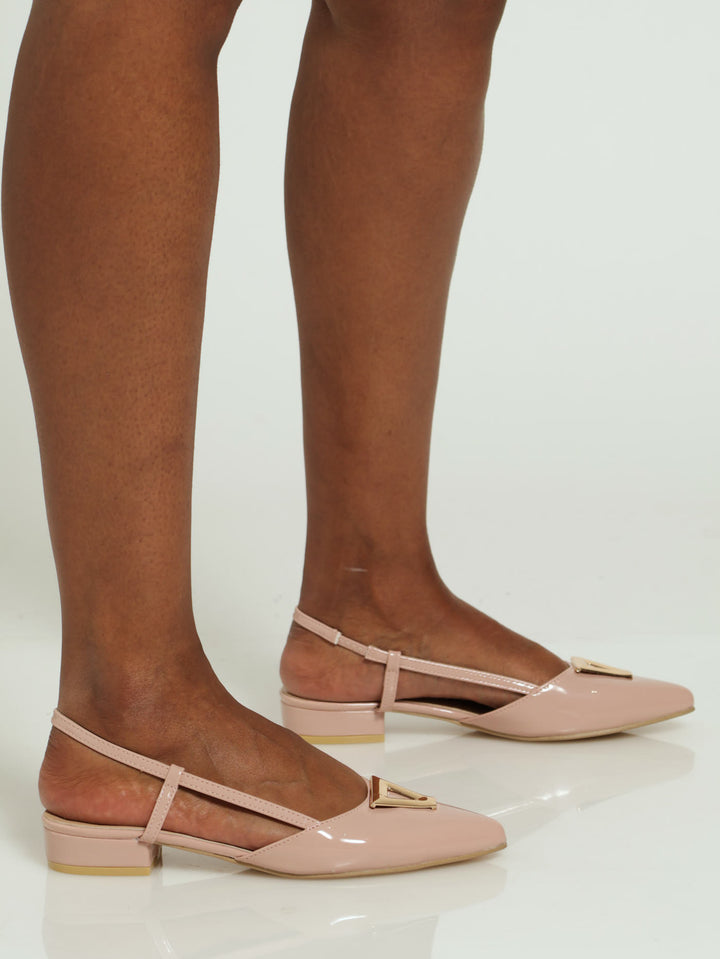 Pointed Slingback Low Block Heel With Diamante - Peach