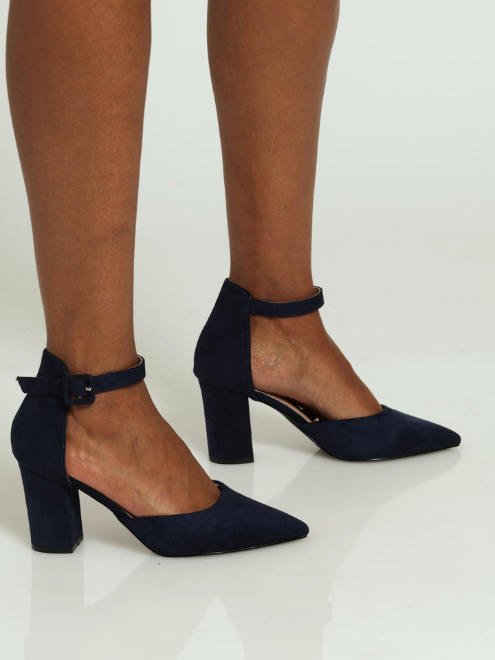 Ankle Strap Open Waist Court Heel - Navy