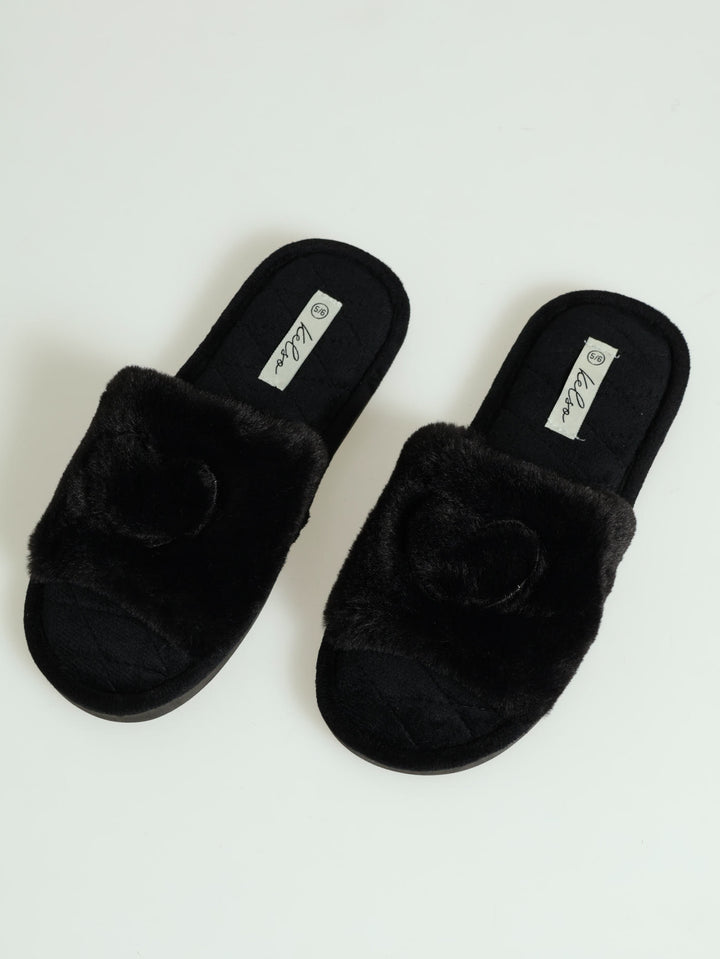 Single Band Plush Mule Slipper With Quilted Insock - Black