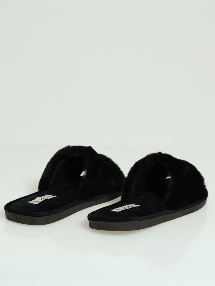 Single Band Plush Mule Slipper With Quilted Insock - Black