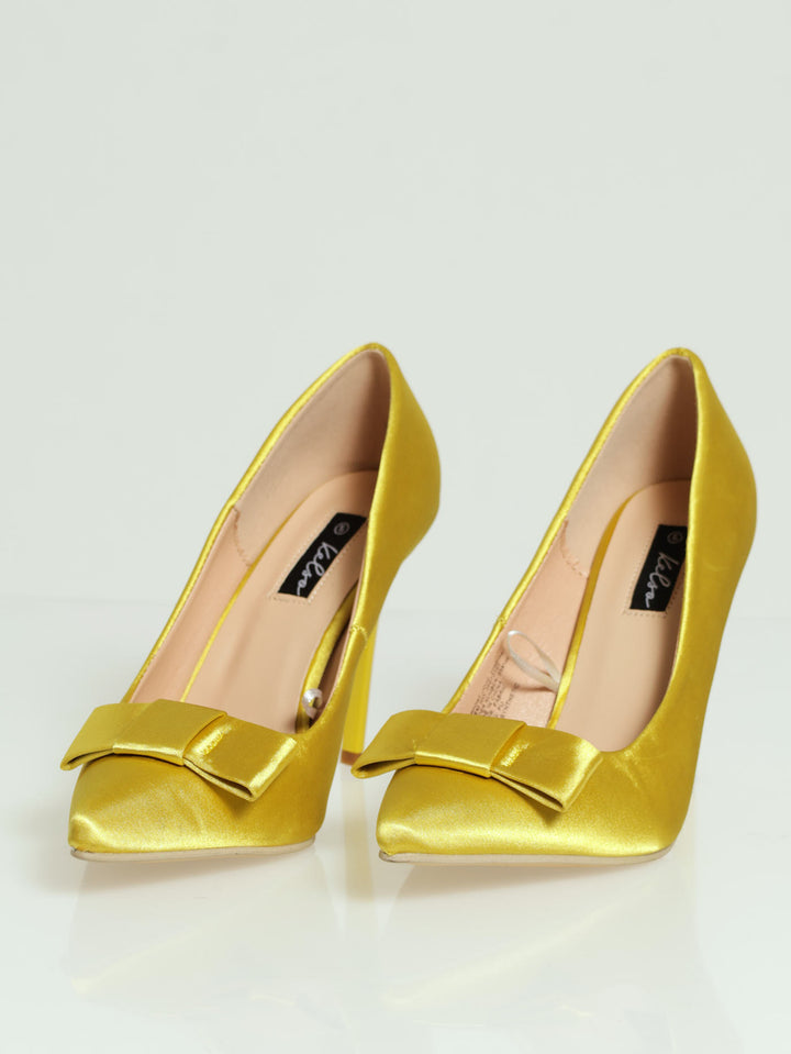 Pointy Stilleto Court Heel With Flat Bow Trim - Chartreuse