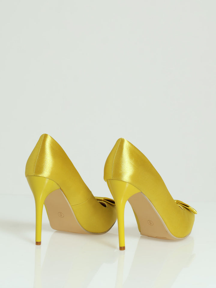 Pointy Stilleto Court Heel With Flat Bow Trim - Chartreuse