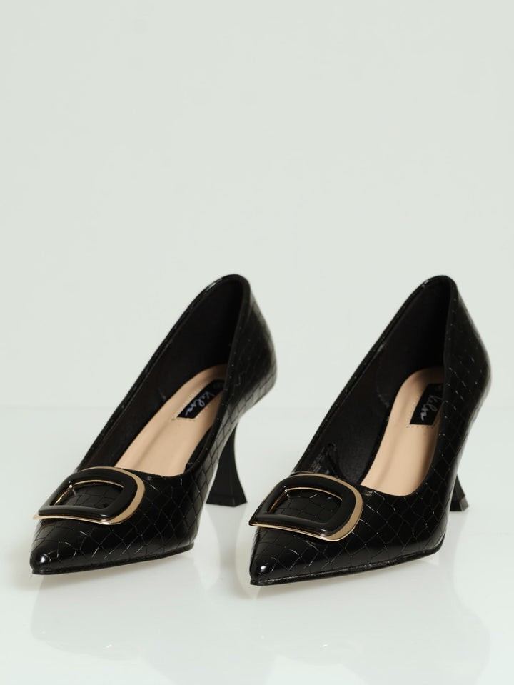 Croc Embossed Court Heel With Black & Gold Trim