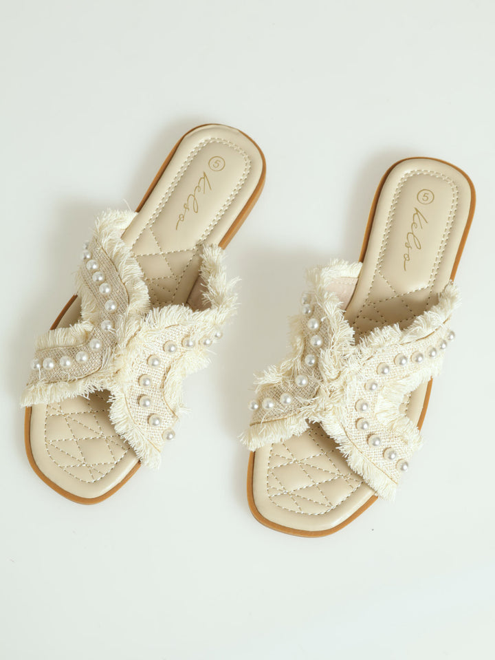 Fringe & Pearl Detail Cutout Band Mule Sandal - Off White