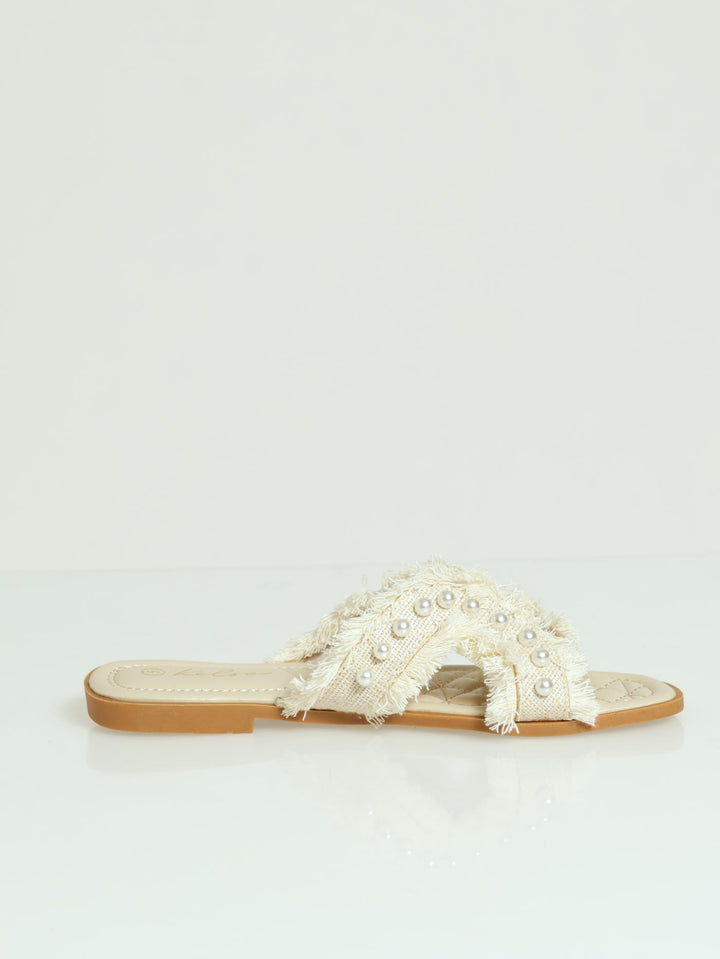 Fringe & Pearl Detail Cutout Band Mule Sandal - Off White