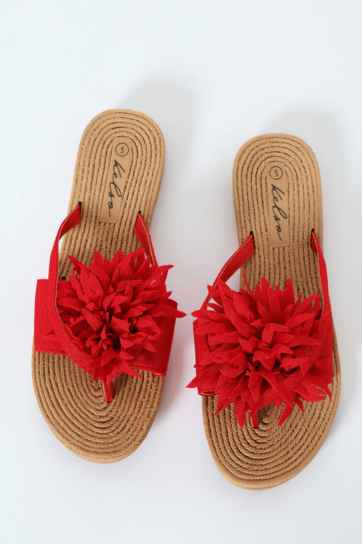 Moulded Thick Strap Mule Sandal With Flower Detail - Red