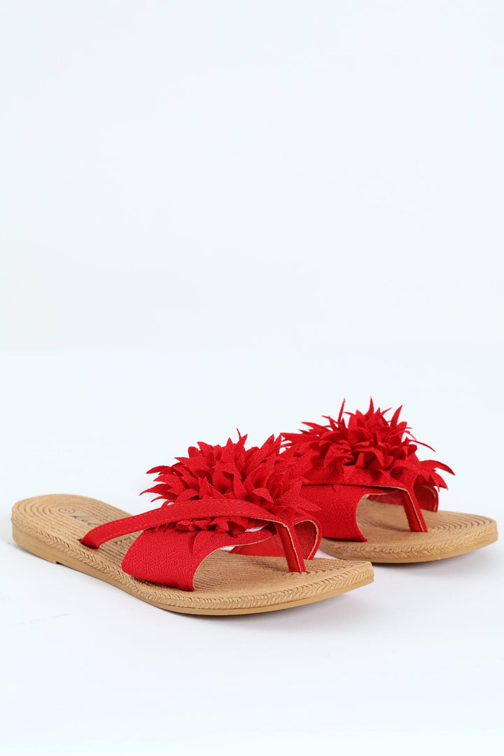 Moulded Thick Strap Mule Sandal With Flower Detail - Red