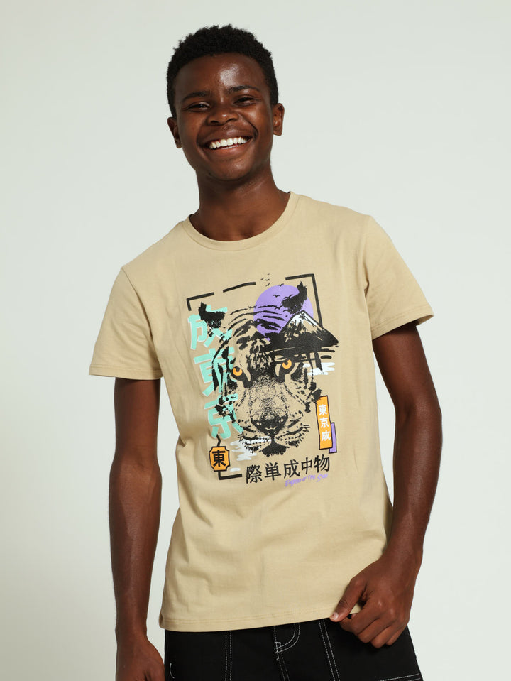 Boys Safari Tiger Print Tee - Stone