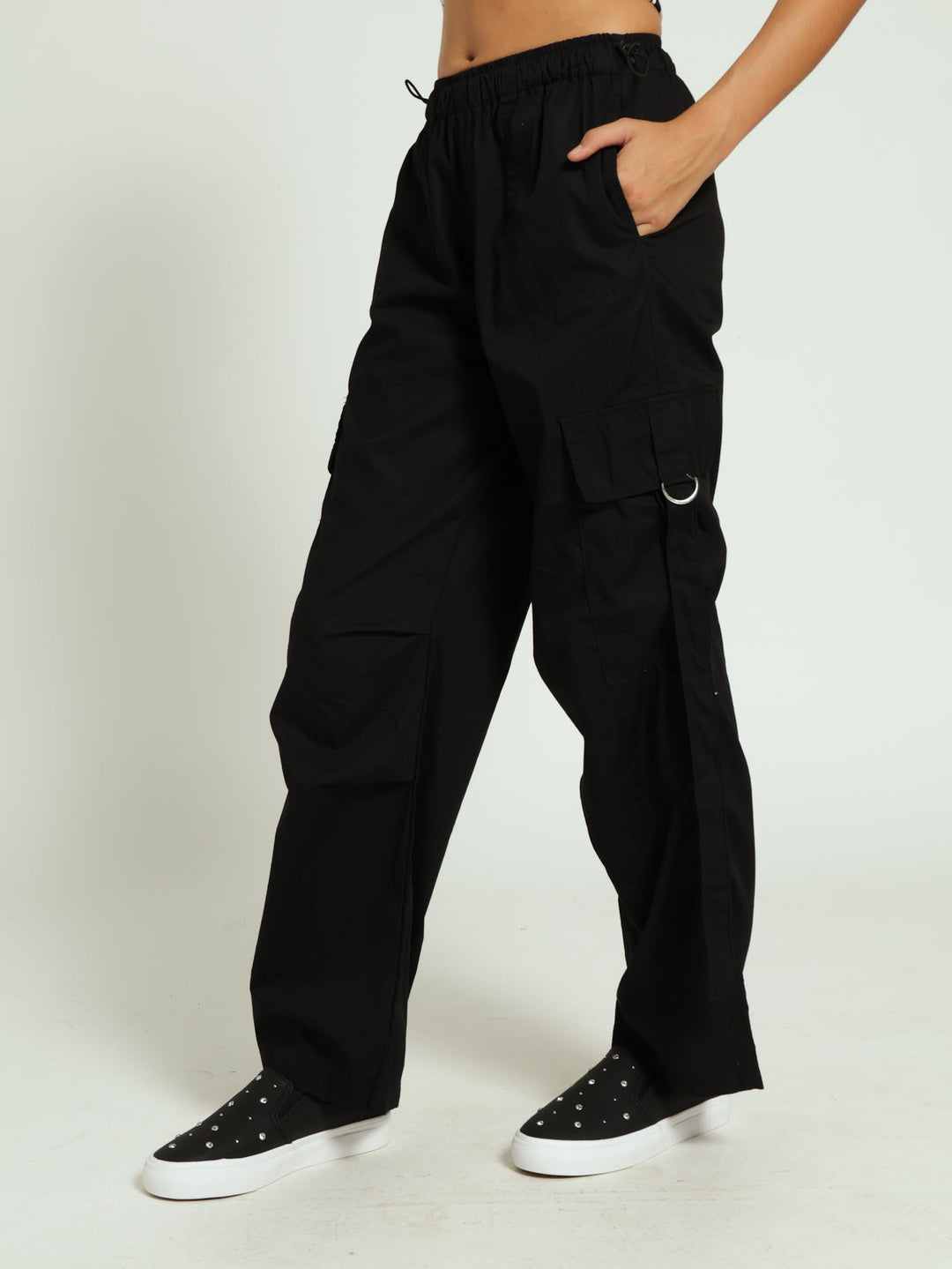 Girls Belted Parachute Pants - Black