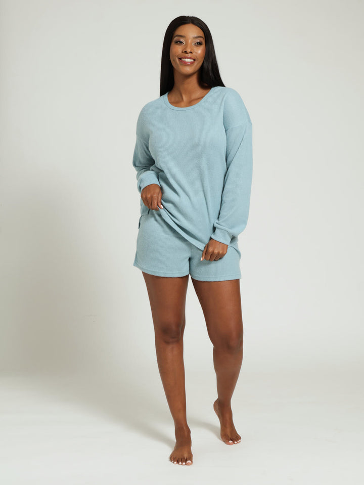 Long Sleeve Textured Pullover & Short Pj Set - Blue