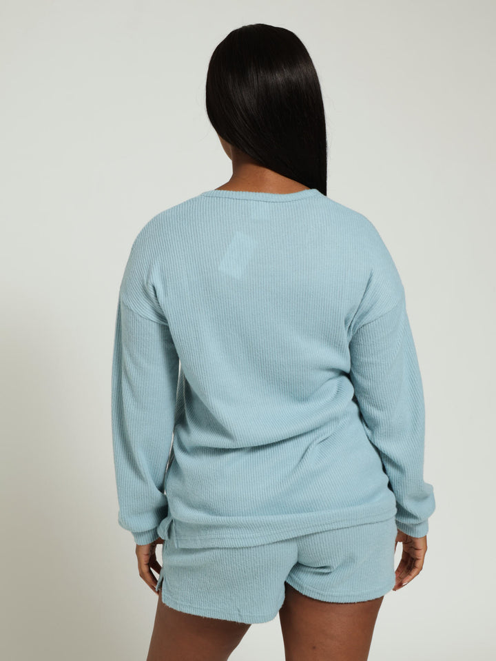 Long Sleeve Textured Pullover & Short Pj Set - Blue