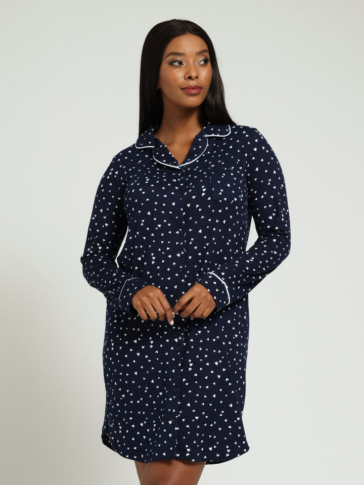 Long Sleeve Soft Touch Button Through Sleepshirt With Hearts - Navy