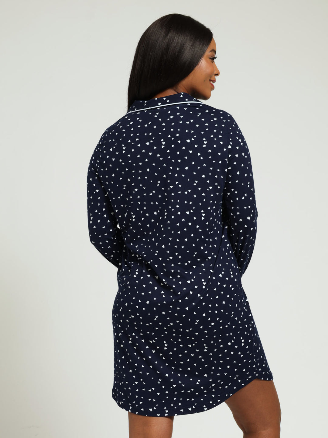 Long Sleeve Soft Touch Button Through Sleepshirt With Hearts - Navy