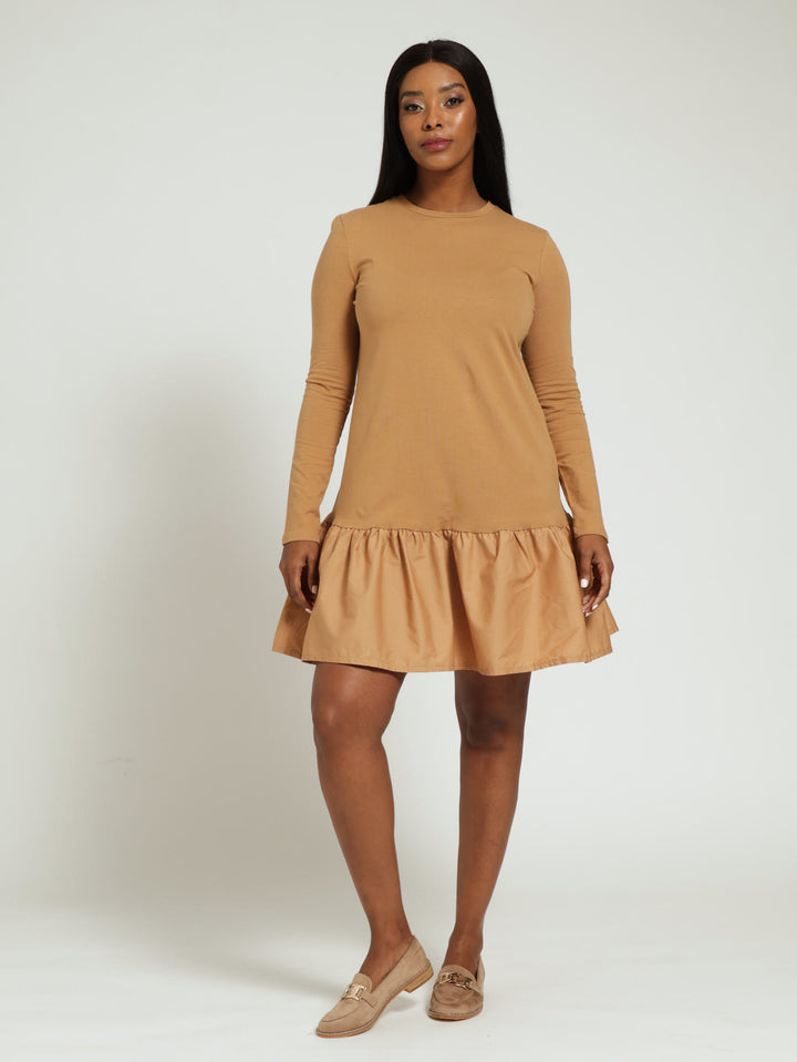 Long Sleeve Drop Hem Combo Mini Dress - Brown