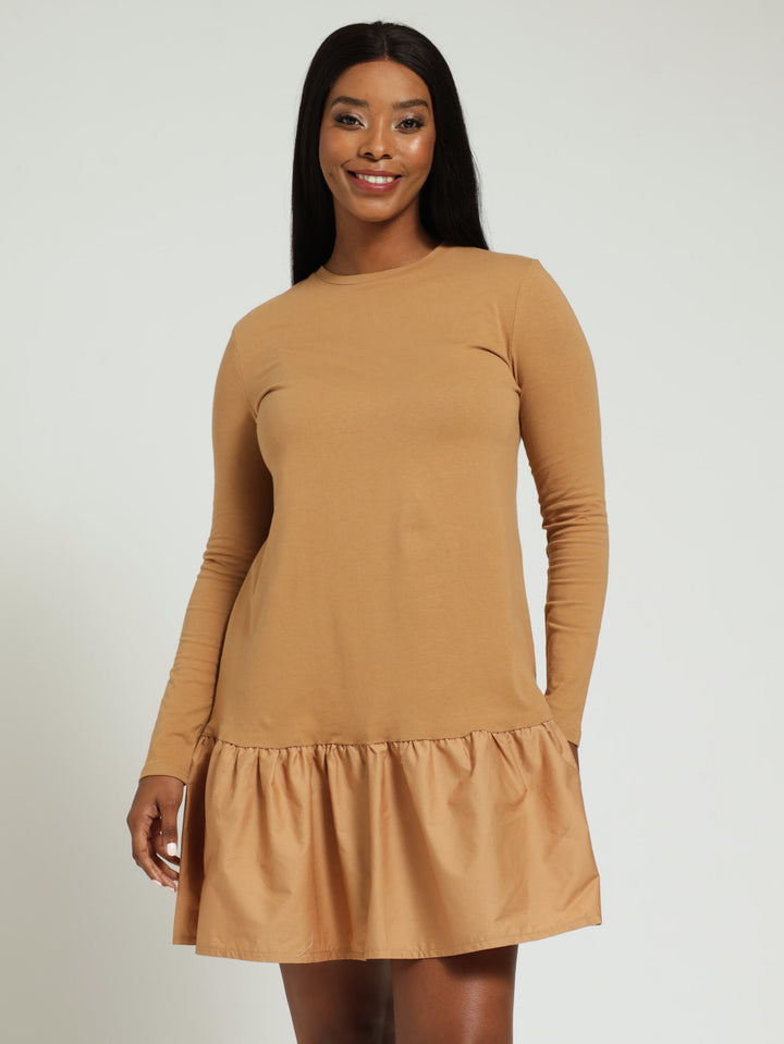 Long Sleeve Drop Hem Combo Mini Dress - Brown