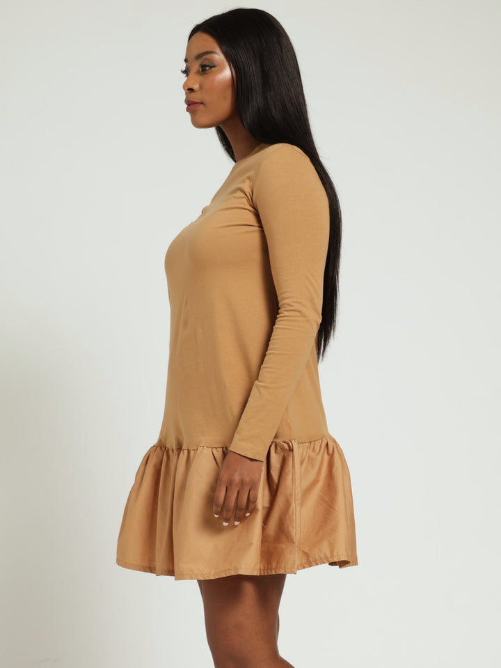 Long Sleeve Drop Hem Combo Mini Dress - Brown