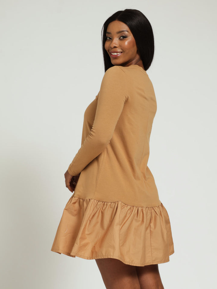 Long Sleeve Drop Hem Combo Mini Dress - Brown