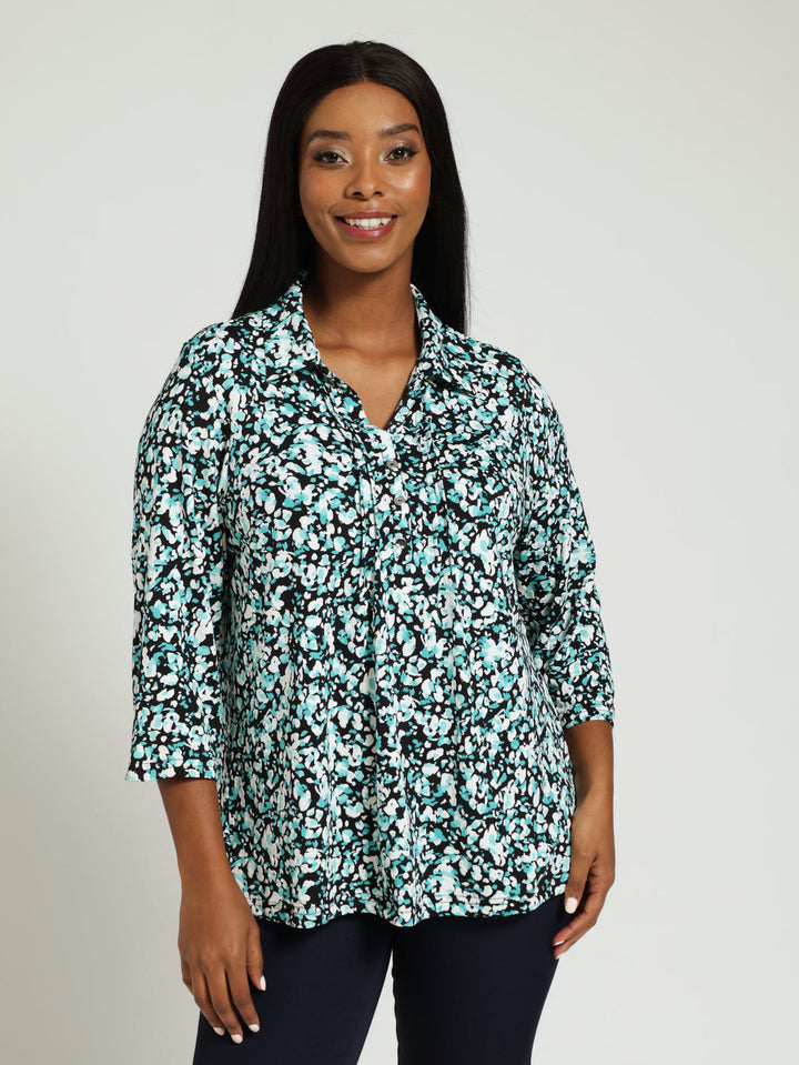 Puff Print Collared Top - Turquoise