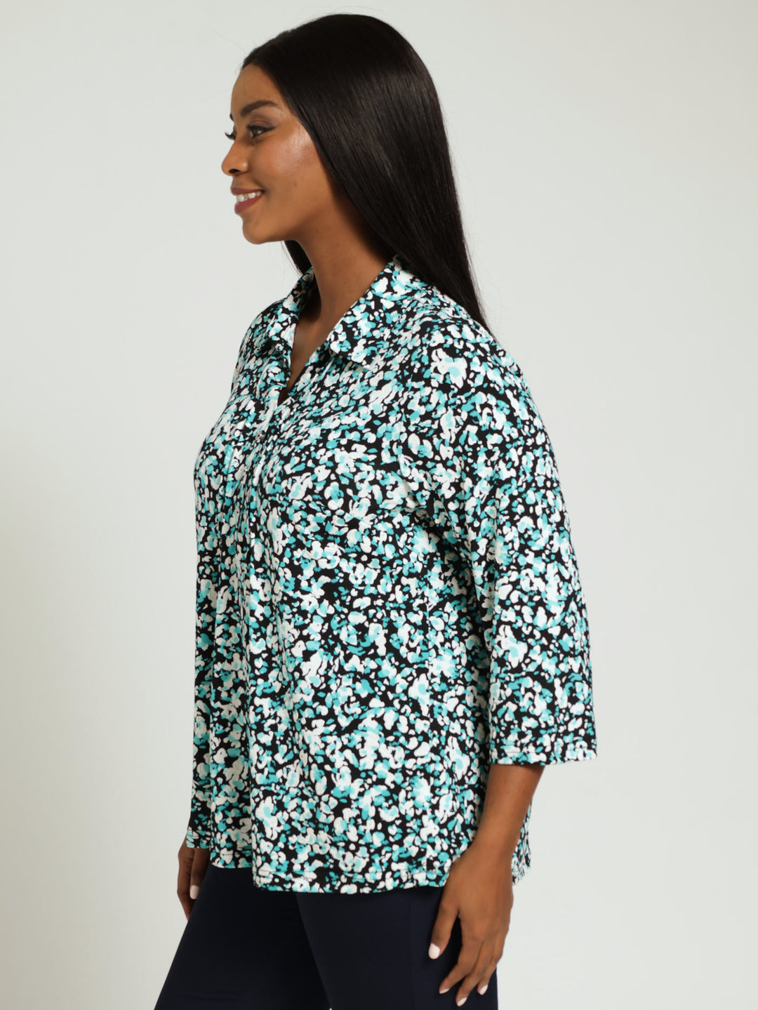 Puff Print Collared Top - Turquoise