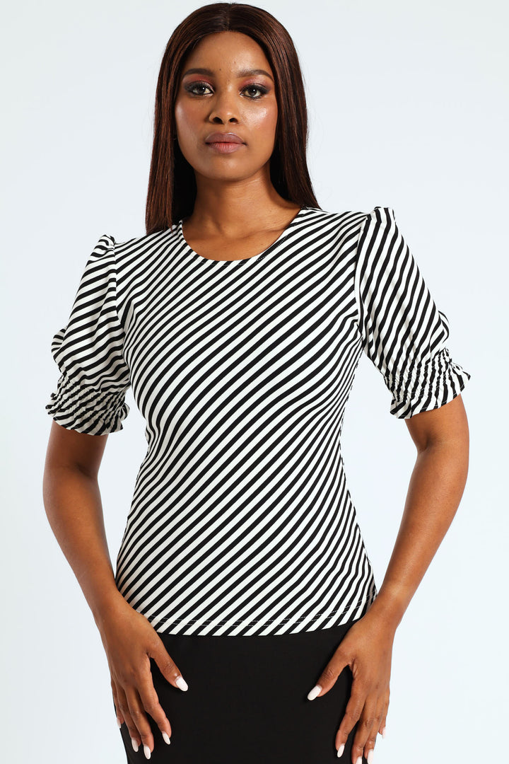 Puff Sleeve Striped Blouse - Black/Beige