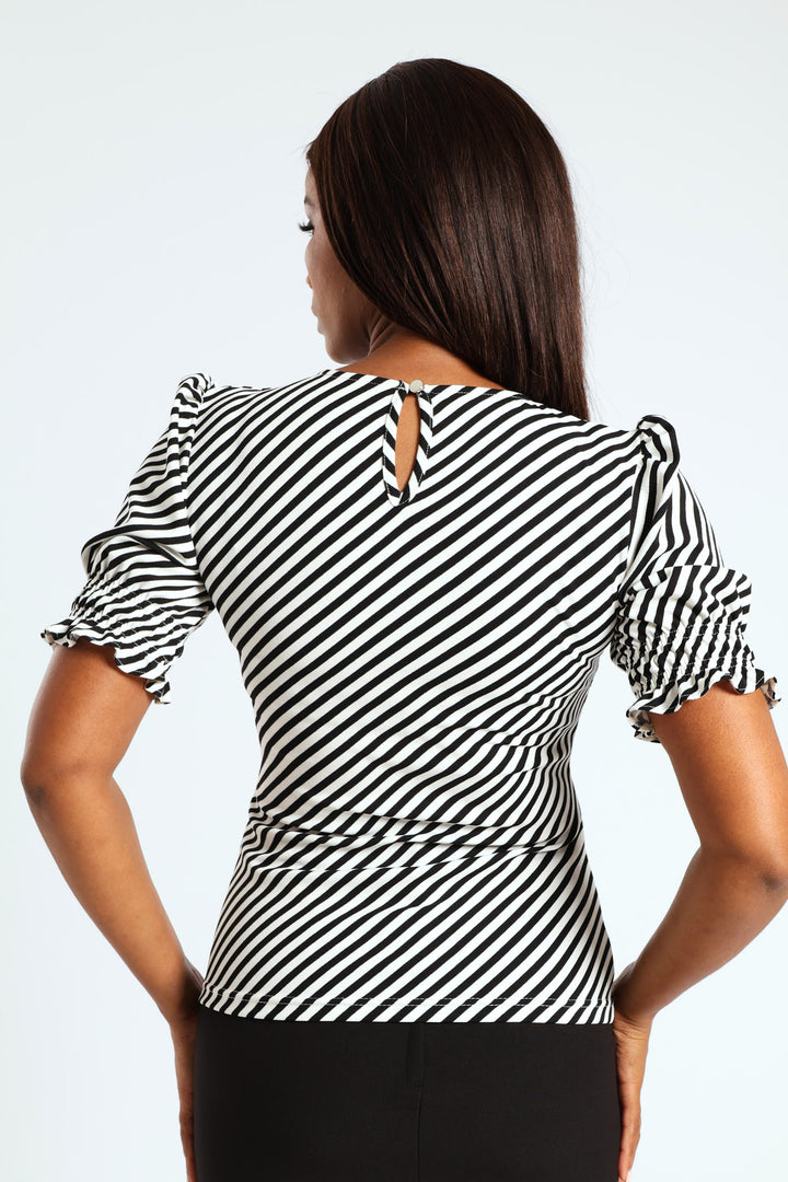 Puff Sleeve Striped Blouse - Black/Beige