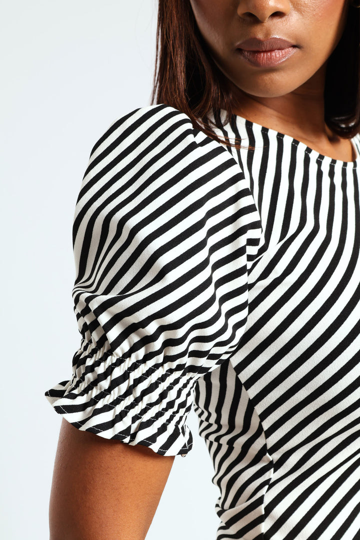 Puff Sleeve Striped Blouse - Black/Beige