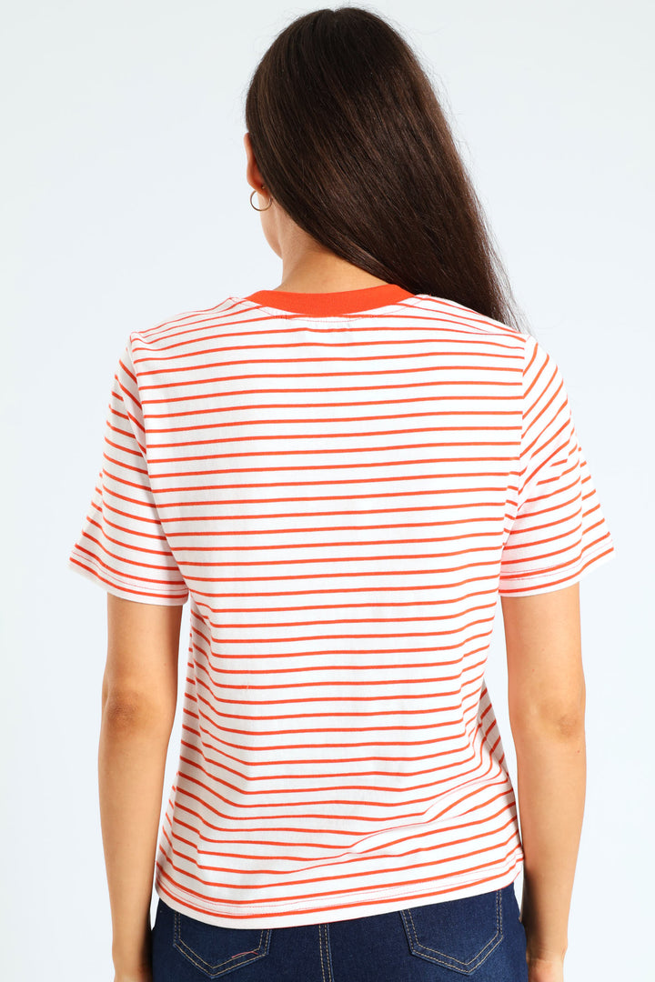 Plain Rib Neck Boxy Skinny-Stripe Tee - Tangerine