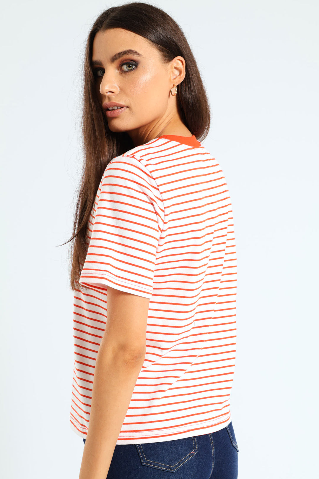 Plain Rib Neck Boxy Skinny-Stripe Tee - Tangerine