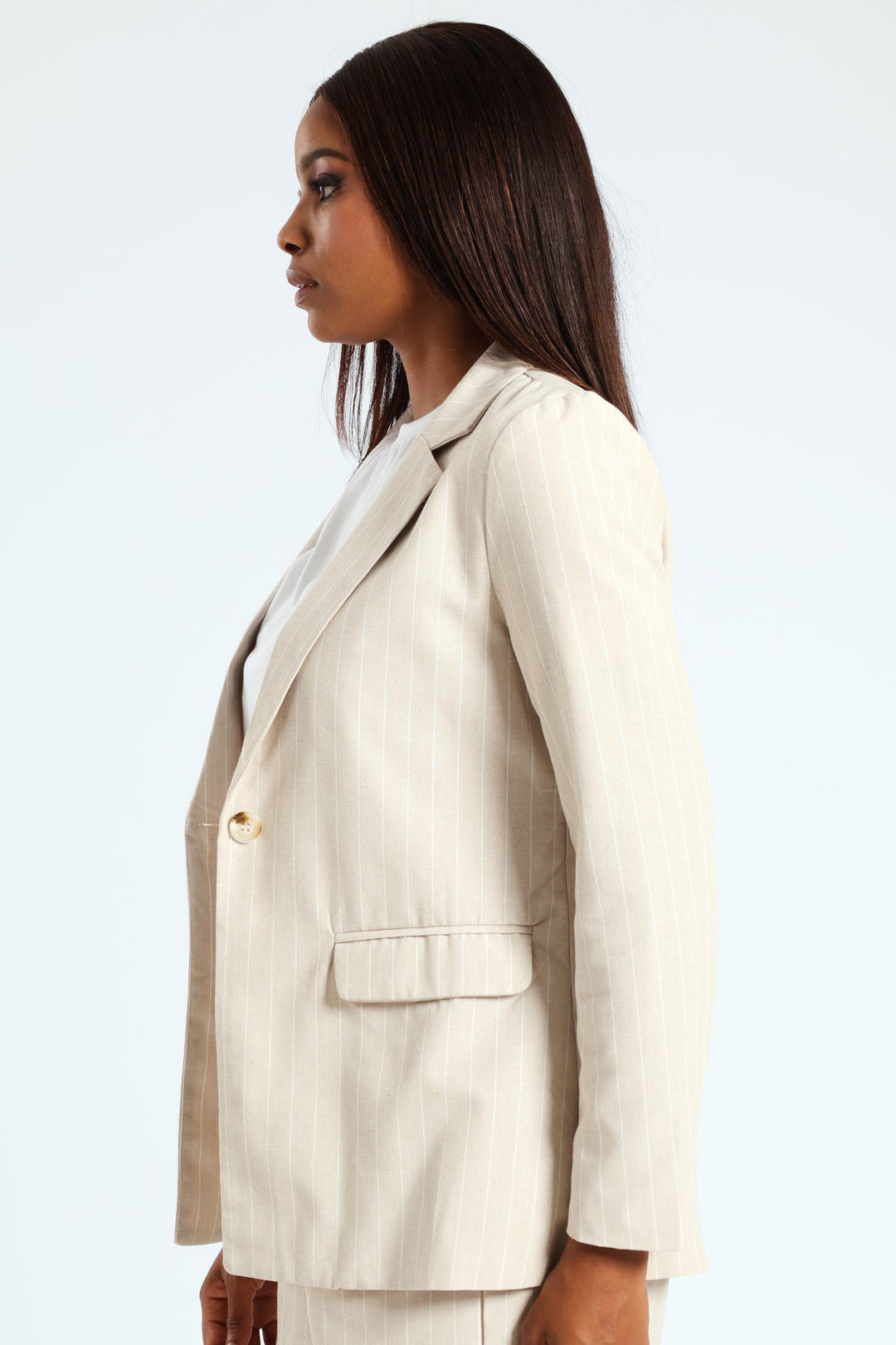 Long Sleeve Everyday Pinstripe Blazer - Beige/White