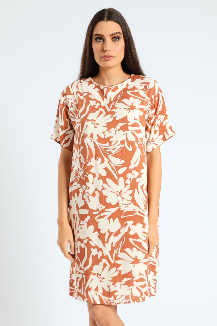 Back Detail Printed Shift Dress - Brown/White