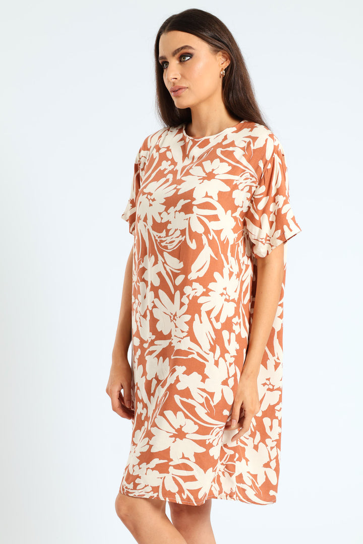 Back Detail Printed Shift Dress - Brown/White