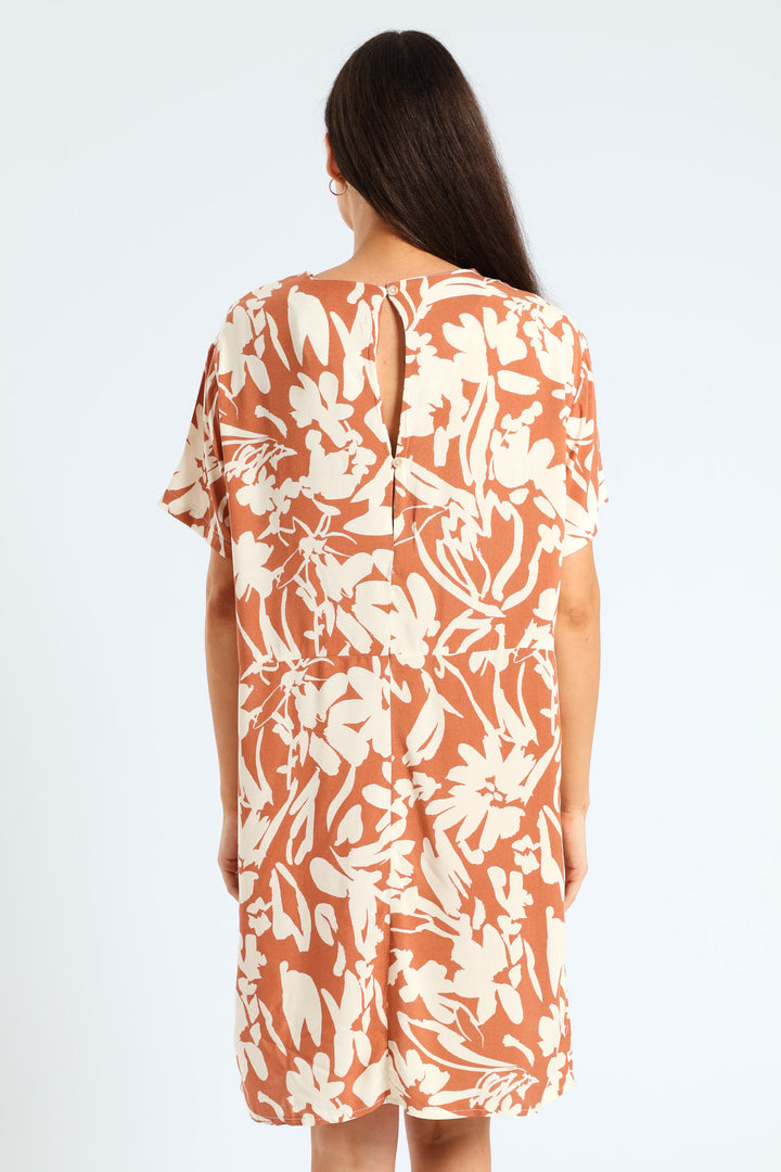 Back Detail Printed Shift Dress - Brown/White