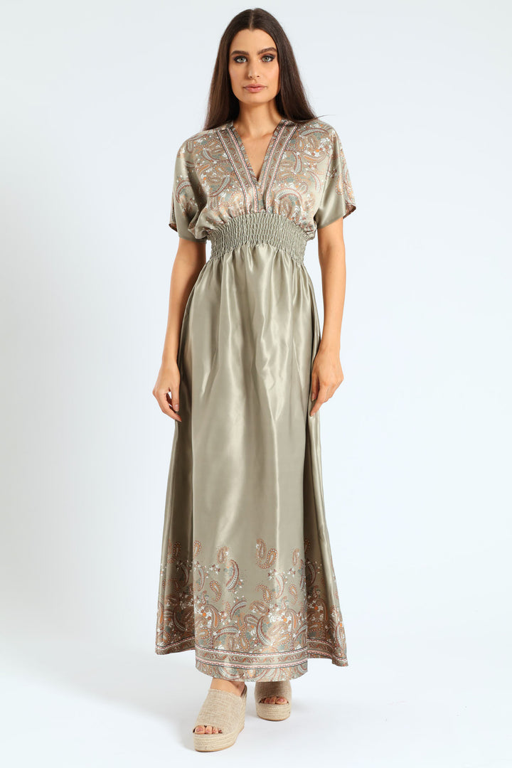 Satin Shirred Waist V-Neck Kaftan Maxi Dress